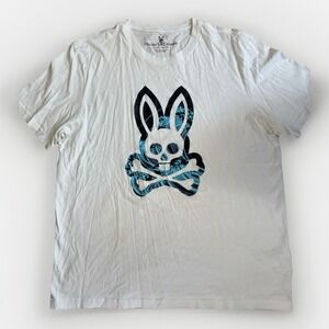 Psycho Bunny Men's Graphic T Shirt Size 7 White Blue Pima Cotton Robert Godley